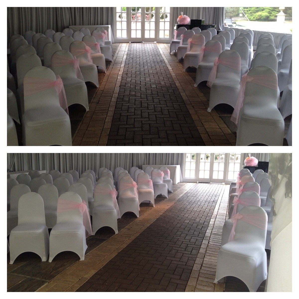 Baby pink organza aisle sashes with white lycra chair covers at Friern Manor